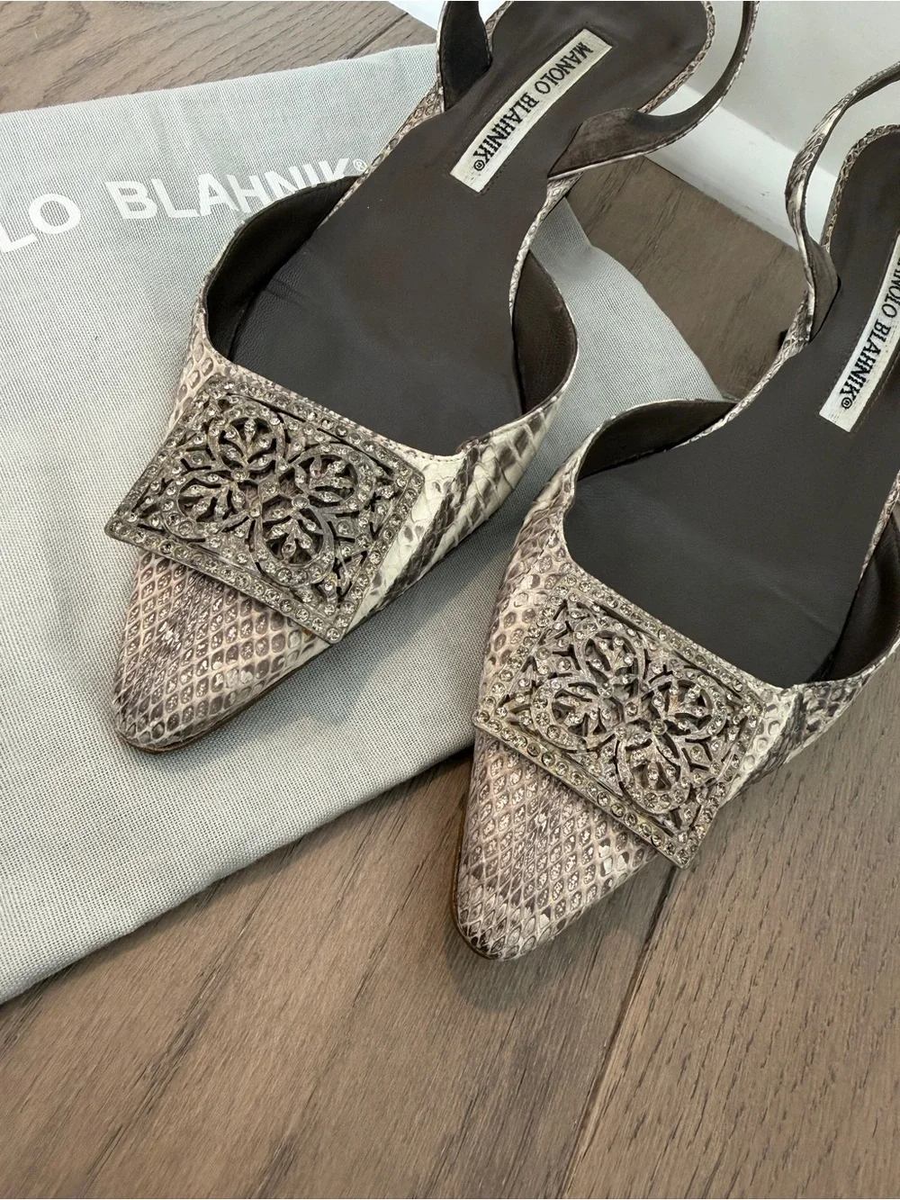 Manolo Blahnik Beige Snakeskin Crystal Buckle Slingback Pumps